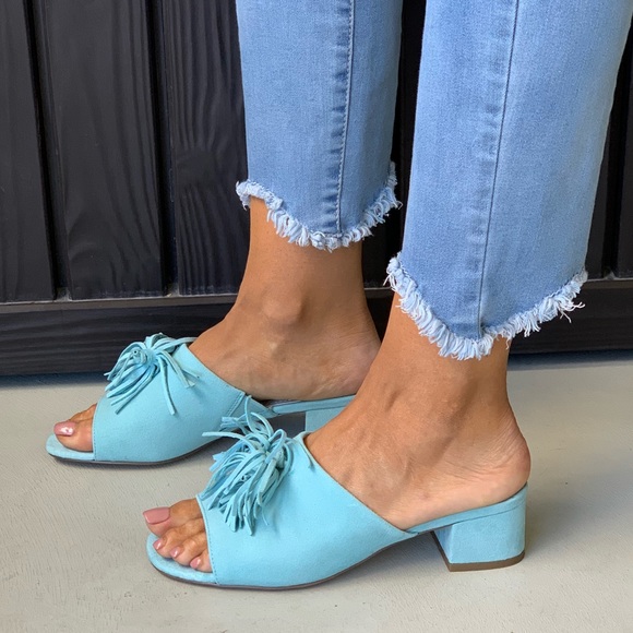 Turquoise Fringe Tassel Vamp Block Heel Mule Slide - Picture 3 of 6